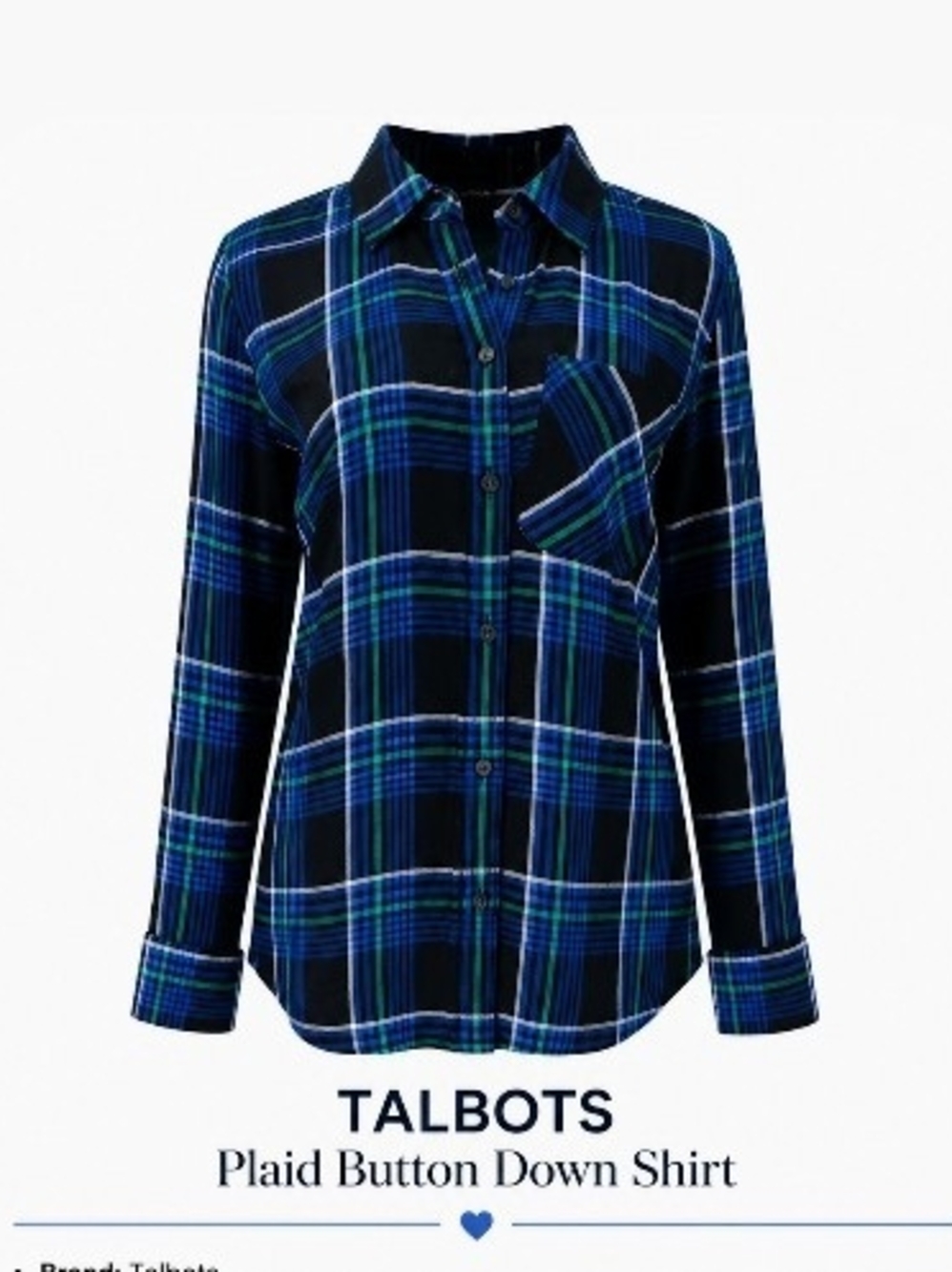 Talbots Navy and Green Plaid Button-Front Shirt